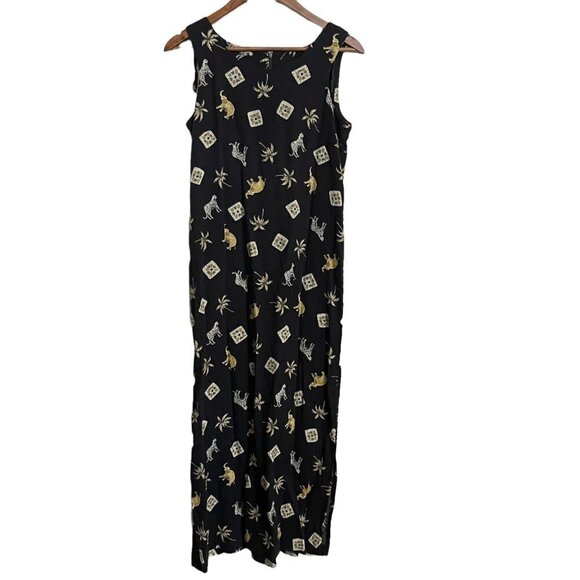 Vintage Womens Black Sleeveless Slit Elephant Palm Tree Leopard Midi Dress Small - Picture 1 of 7